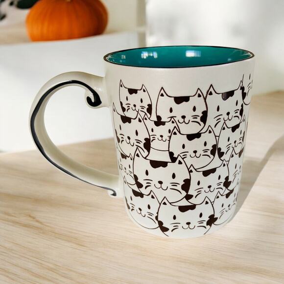 NEW Black and White Clowder of Happy Cat Cats Turquoise Coffee Tea 16oz Mug - Picture 1 of 1